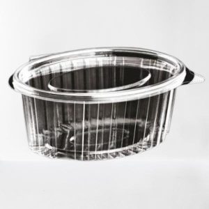 Plastbæger, Catersource, 750 ml, 145x190x60 mm, oval hængslet låg, RPET, klar