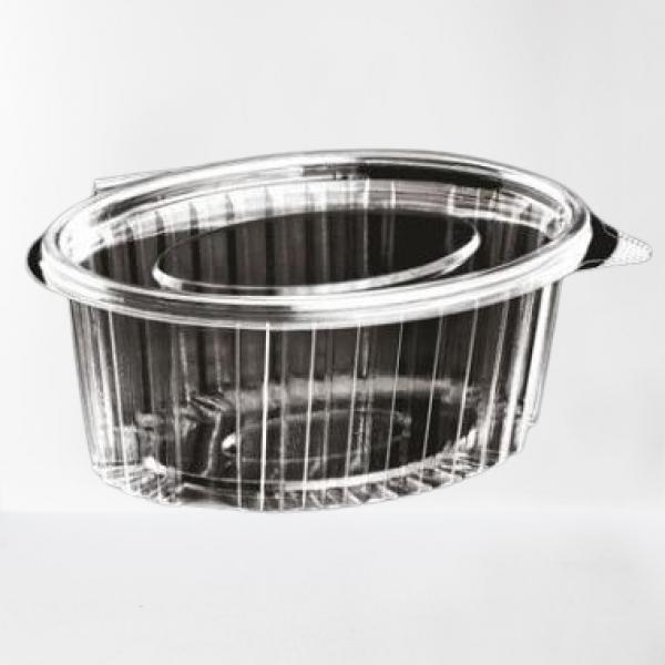 Plastbæger, Catersource, 750 ml, 145x190x60 mm, oval hængslet låg, RPET, klar