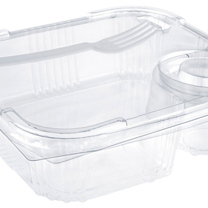 Plastbakke m/hængslet låg PET m/dressingkop 2x110 stk/krt