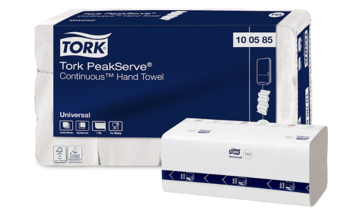 Håndklædeark Tork Universal H5 PeakServe Continuous 1-lag 22.5x20.1 cm Hvid 12 pk x 410 STK/krt