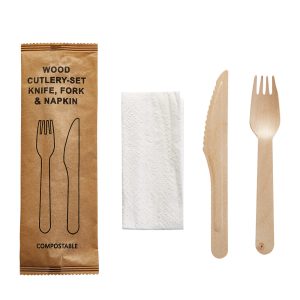 Bestikpose, kniv, gaffel og hvid serviet